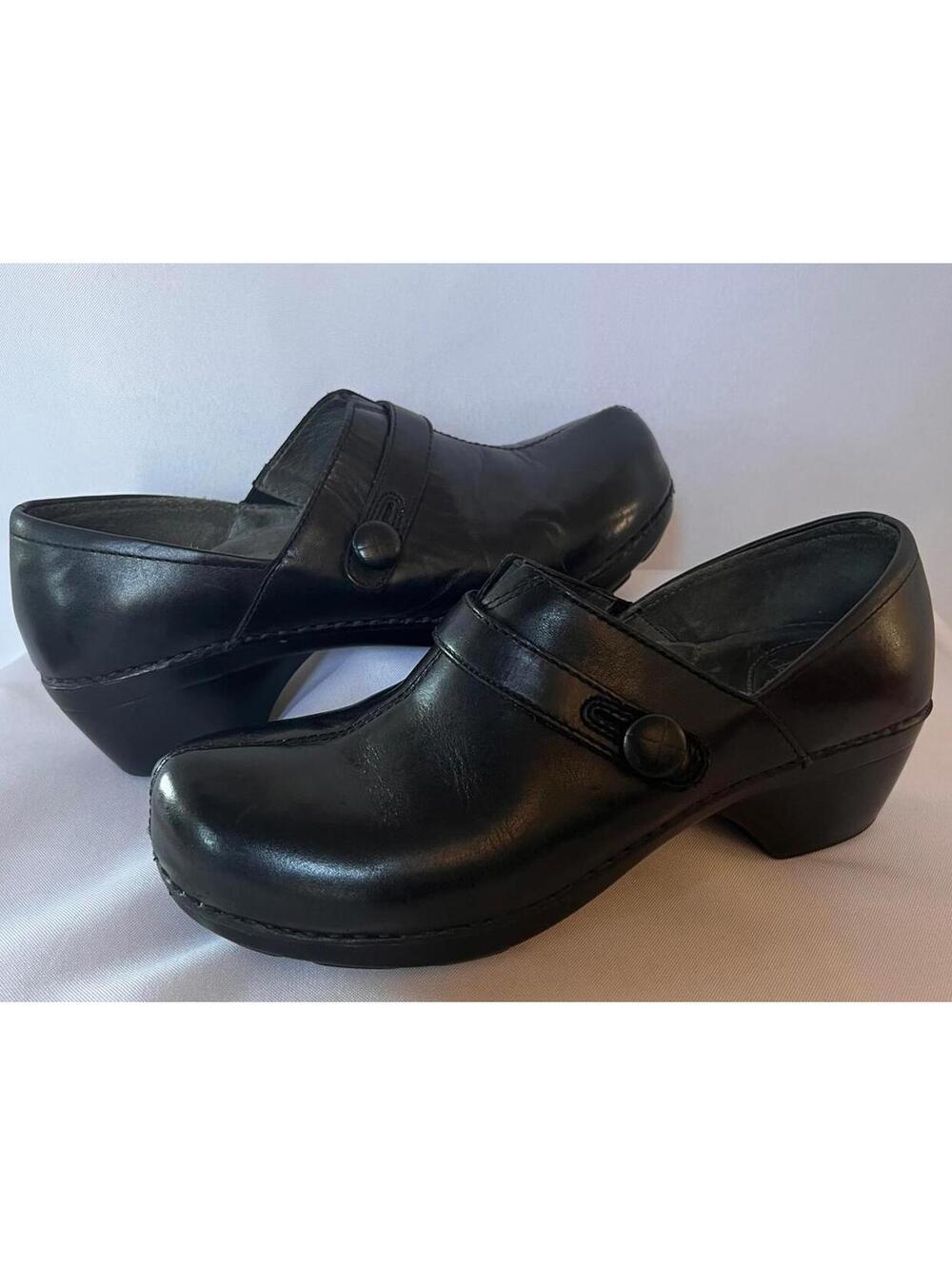 Dansko Classic Black Leather Clogs with Button Detail Size 41